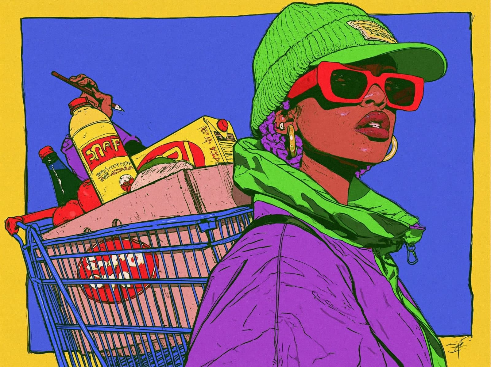 A shopper with a trolley full of groceries