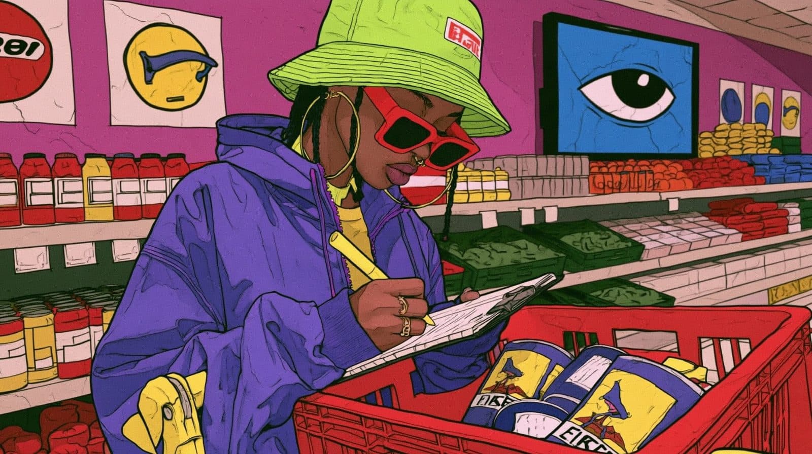 A shopper checks the list in the aisle